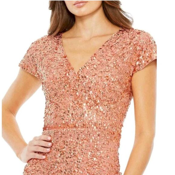 Mac Duggal Rose Gold Peachy Sequined Short Sleeve Midi Dress Style 10766 - Picture 3 of 9